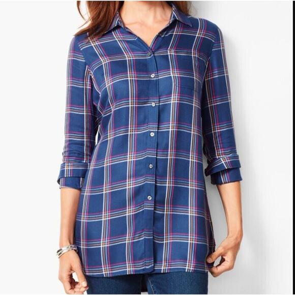 Talbots Size Medium Blue Buckingham Plaid Check Longer Length Perfect Shirt Top - Picture 2 of 6